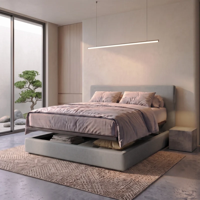Lit coffre avec tête de lit ouverture latérale et frontale tissu - Collection Parallèle design