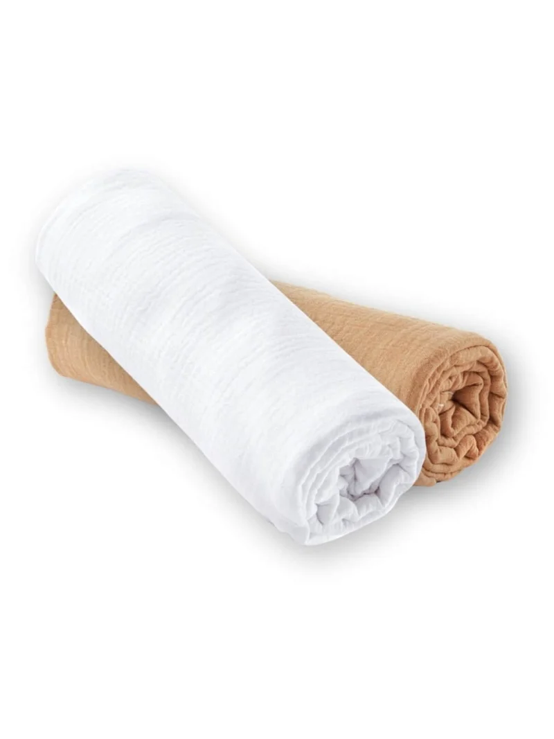 Lot de 2 draps-housse BLANC / CAMEL