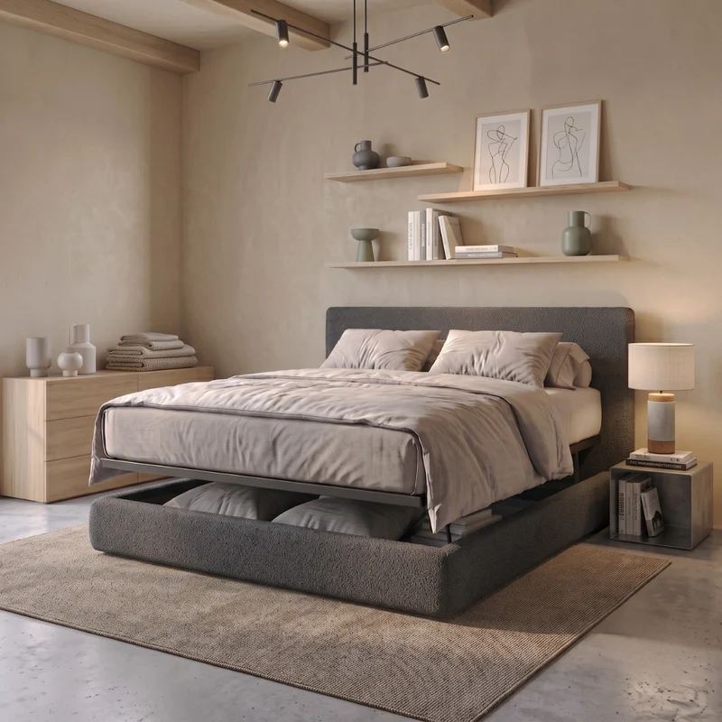 Lit coffre avec tête de lit ouverture latérale et frontale bouclette - Collection Parallèle design