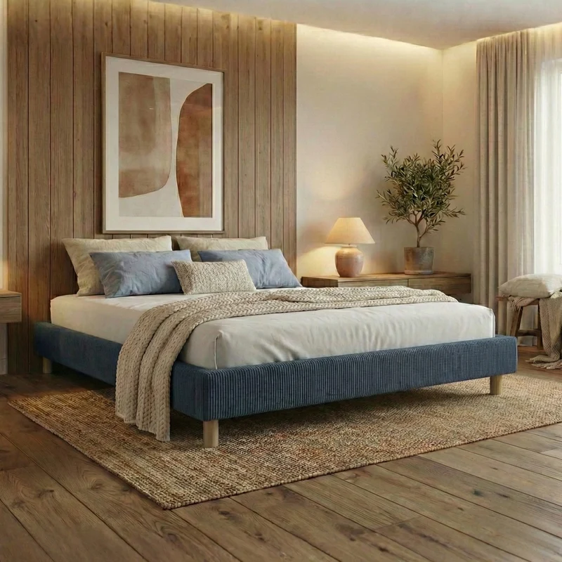 Sommier velours côtelé, cadre de lit, pieds bois, maintien bassin – Collection Deco
