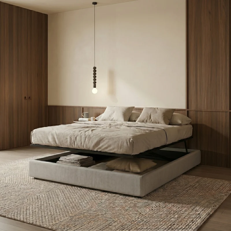 Lit coffre ouverture latérale et frontale tissu gris - Collection Parallèle