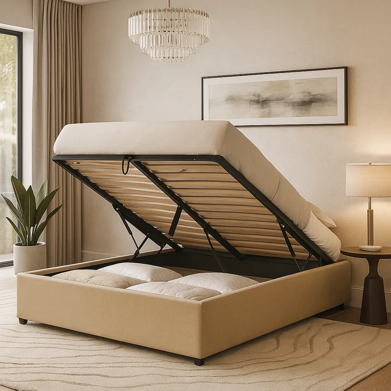 Lit coffre électrique tissu sable, télécommande, sommier flexible - Collection Futura