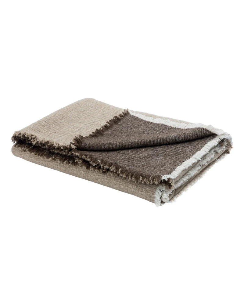 Plaid Vice Versa Frangé Double Face Laine Vierge & Coton Lavés, Bronze / Naturel