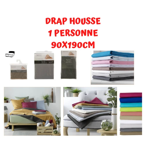 Drap housse 1 personne 90x190cm - 100% PUR COTON 57 FILS - Qualité Hôtel Gîtes