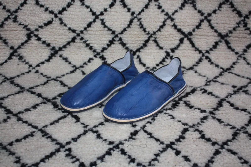 Babouches CUIR Bleu avec Talons - Fabrication Marocaine 100% FAIT MAIN - Homme & Femme - Du 35 au 46 -