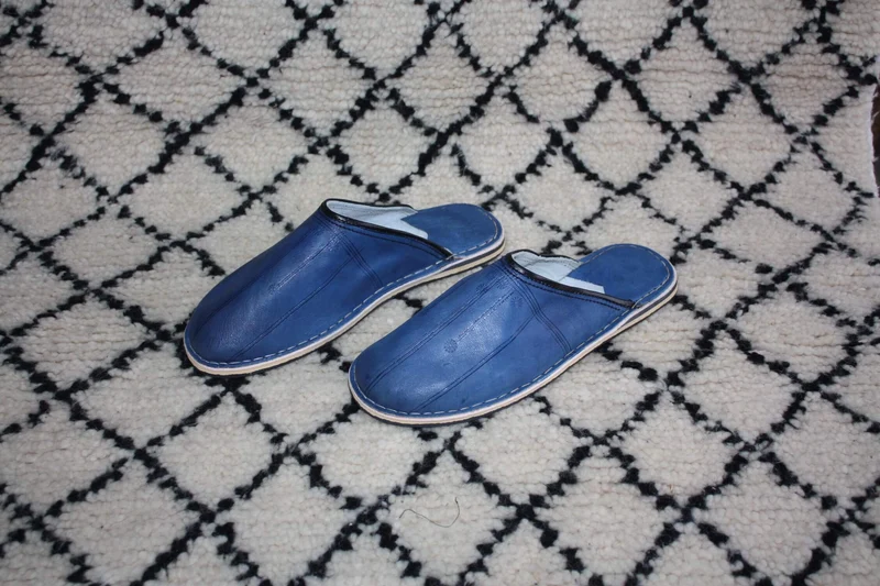 BABOUCHES en CUIR Bleu - Fabrication Berbères 100% ARTISANALE - Homme & Femme - Du 35 au 50 !