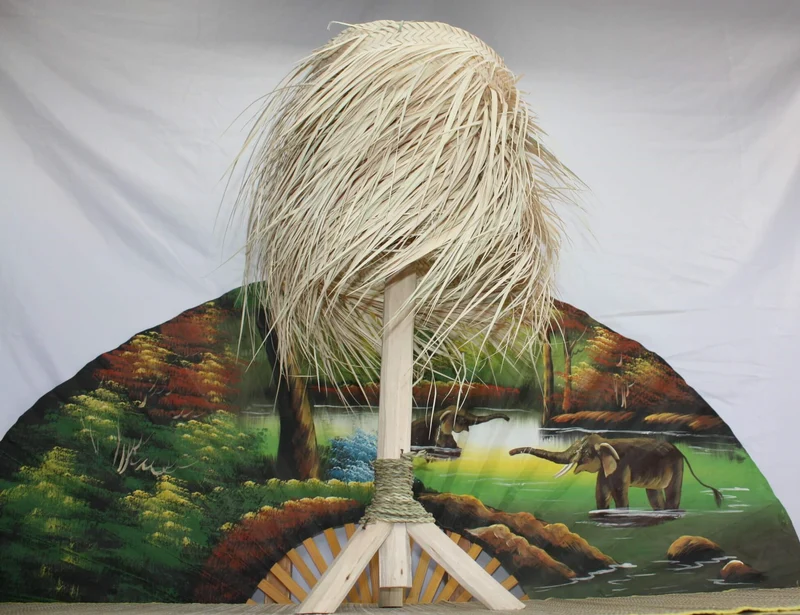 Lampe de Chevet ARTISANALE - BOIS + Abat jour PALMIER - Fait Main paille rotin