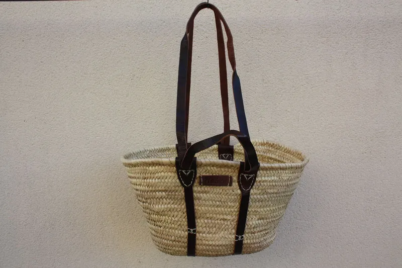 Panier Renforcé Solide - Anses Courtes + Longues en Cuir - Sac Paille Cabas tressé marchés courses