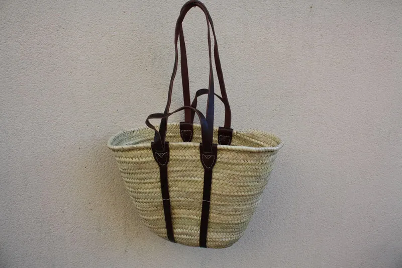 GRAND Panier Renforcé CUIR - Anses Courtes + Longues - Sac Paille Cabas marchés courses tressé