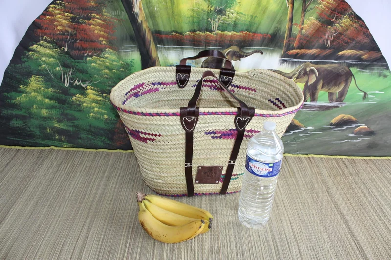 GRAND Panier Coloré - Cabas Solide pour courses marchés sac plage - osier paille marocain rotin palmier