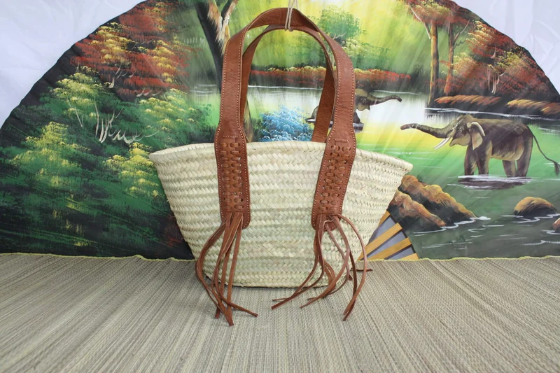 SUPERBE Sac Anses Longues Cuir - Panier Marocain Tressé - Cabas marchés course plage naturel