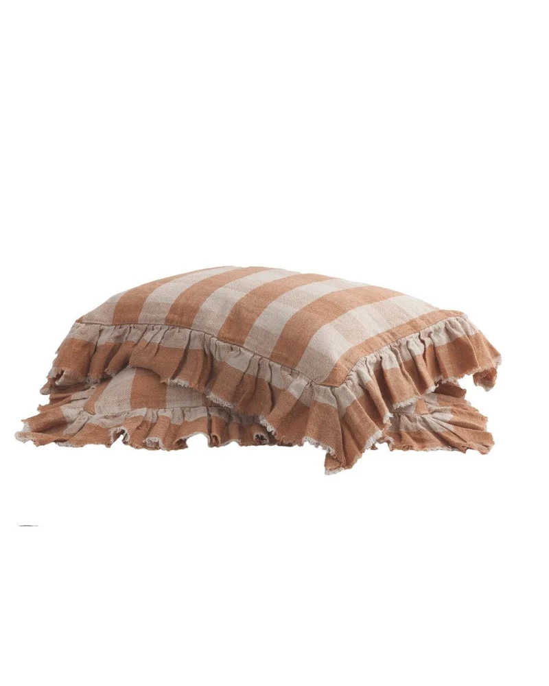 Taie d'oreiller Boho Lin Lavé Vichy Cottage, Terracotta