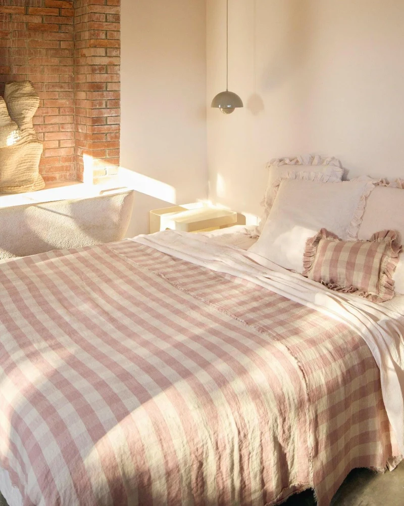 Plaid Vice Versa Frangé Lin Lavé Vichy Cottage, Nude