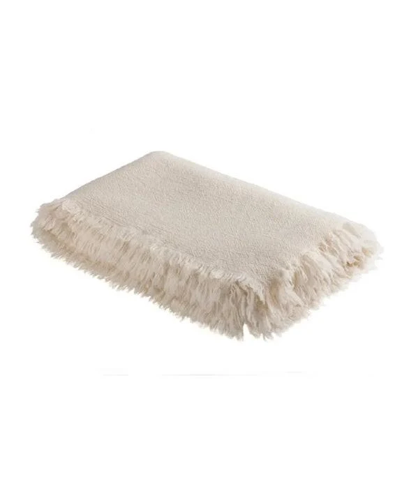 Plaid Vice Versa Frangé en Laine Vierge Lavée, Ecru