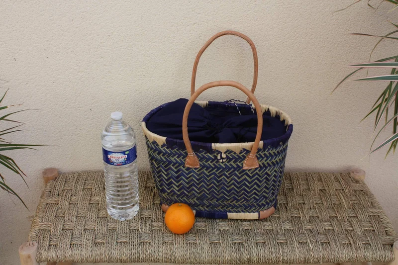 Panier à courses - Tissu pochon Bleu - MADAGASCAR - Sac Cabas Bleu & Naturel - Tressé à la main - 3 tailles au choix - plage osier paille