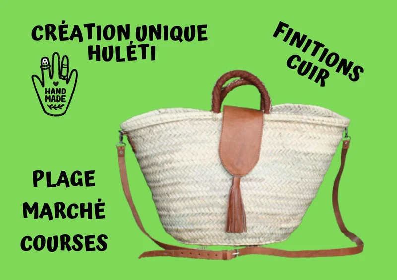 Superbe Sac Anses Cuir + Longues bandoulière - Panier Cabas marchés course plage naturel