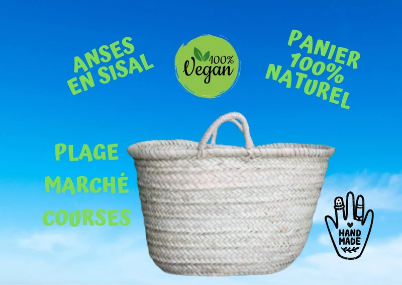 GRAND Panier de courses en paille - 100% NATUREL & VEGAN - Sac cabas de marché - plage couffin marocain