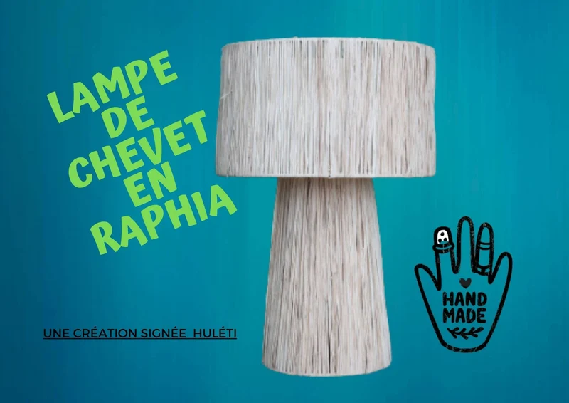 LAMPE de Chevet ou de Salon en RAPHIA - ARTISANAL Fait Main - paille rotin osier