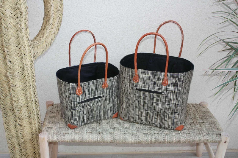 Panier doublé Rabane Noir - Pochon Tissu Sac Cabas africain - 2 TAILLES - Marchés, courses, plage... LEGER & SOLIDE