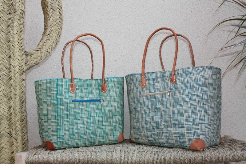 Panier Turquoise et Naturel - Tissu poche Sac Cabas africain - 2 TAILLES - Marchés, courses, plage... LEGER & SOLIDE