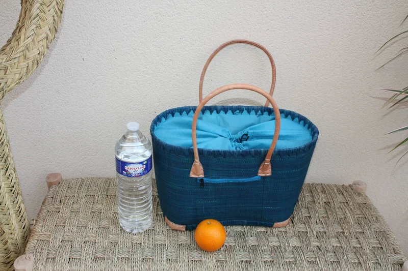 Panier Bleu Turquoise - Doublure Rabane + Pochette zippée - Sac Cabas Anses Longues - 3 TAILLES - Marchés, courses, plage...