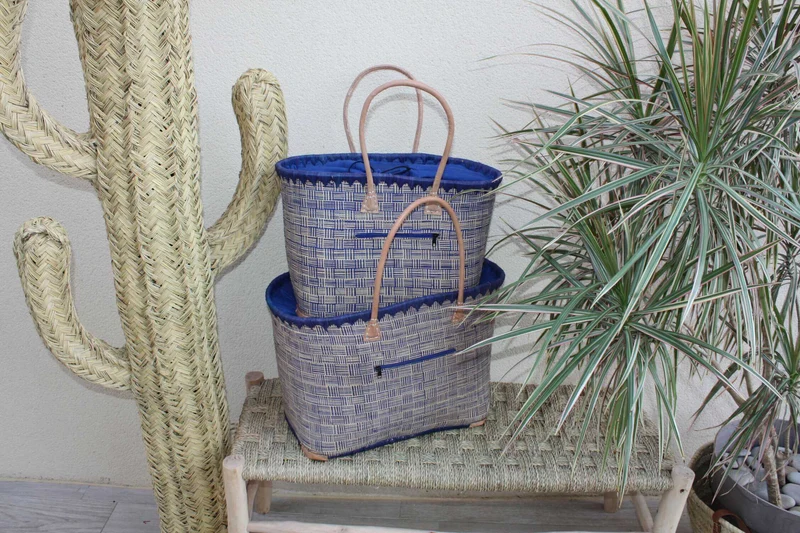 Panier Bleu & Naturel - Doublure Rabane + Pochette extérieure - Sac Cabas Anses Longues - 3 TAILLES - Marchés, courses, plage..