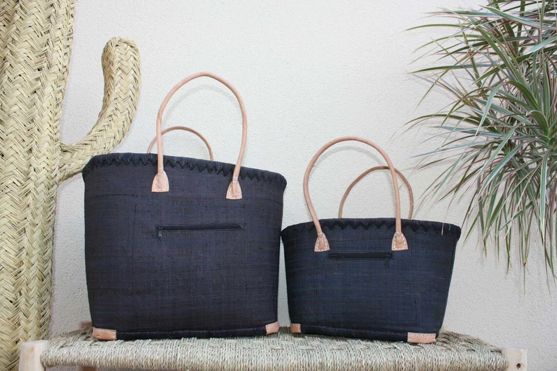 Panier brodé Rabane Noir - Cabas Sac Anses Longues - Poche Zippée - 3 TAILLES - marchés, courses, plage...