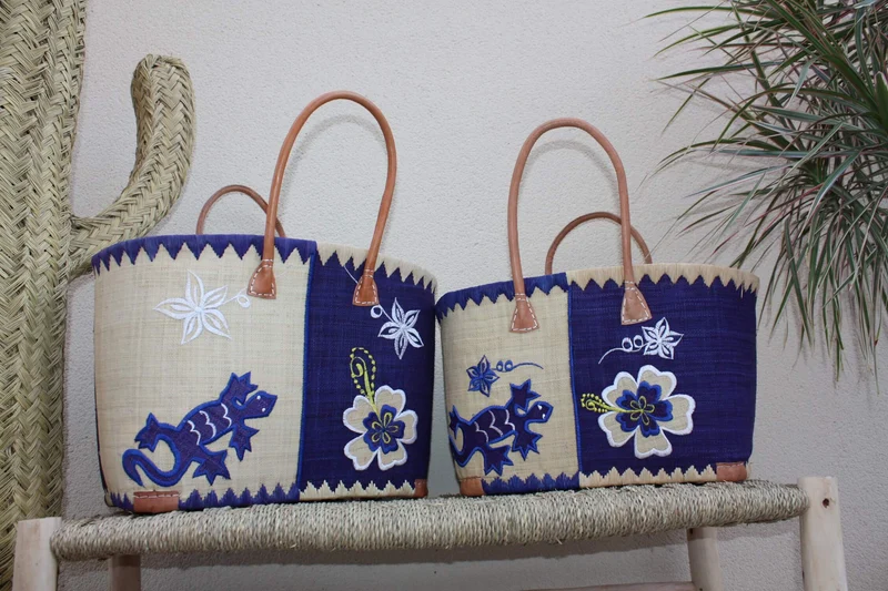Panier Bleu brodé Rabane - Cabas Sac courses Anses Longues - 3 TAILLES - Marchés, courses, plage...