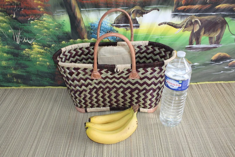 Sac Cabas de courses - PANIER de MADAGASCAR - Noir & Naturel - Tressé Main - 3 tailles au choix - marché plage osier paille