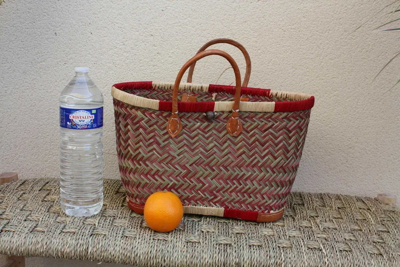 Sac Cabas de courses - PANIER de MADAGASCAR - Rouge & Naturel - Tressé Main - 3 tailles au choix - marché plage osier paille