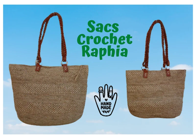 Sac CROCHET RAPHIA - Anses Tresses Cuir + Double Tressage + Pochette intérieure - 100% NATUREL - Fait Main - Artisanat Madagascar -