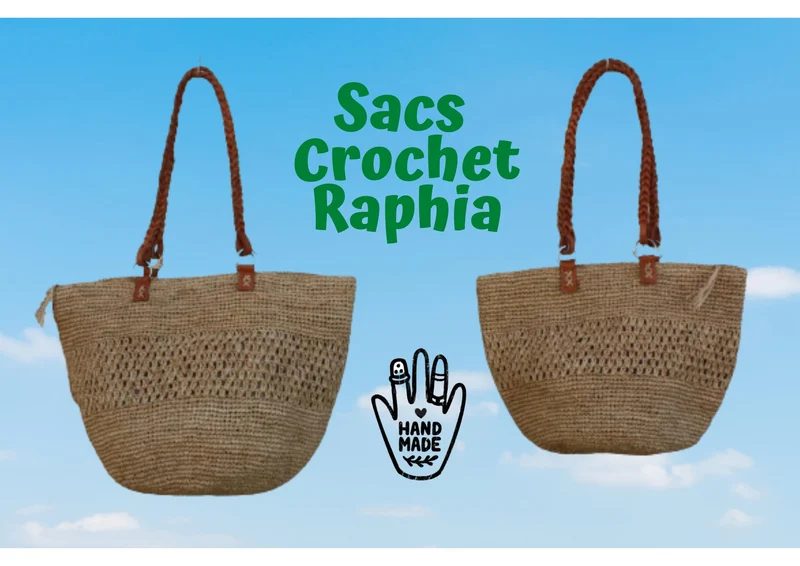 SAC CROCHET RAPHIA - Anses Tresses Cuir - Fond Rond - Poche intérieure - Naturel - Fait Main - Artisanat de Madagascar -