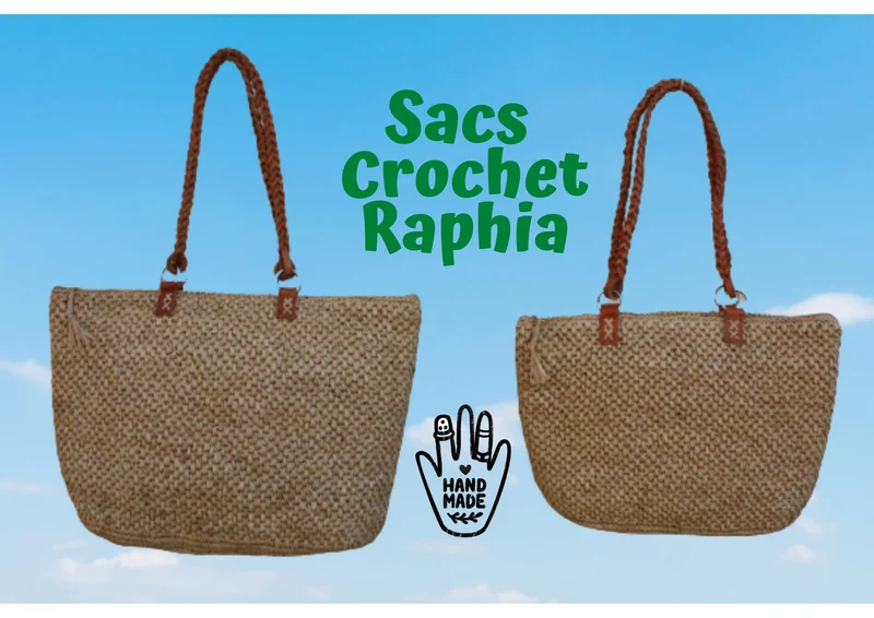 SAC CROCHET RAPHIA - Anses Tressées Cuir - Superbe Tressage - Poche zippé - Entièrement Fait Main - Artisanat de Madagascar -