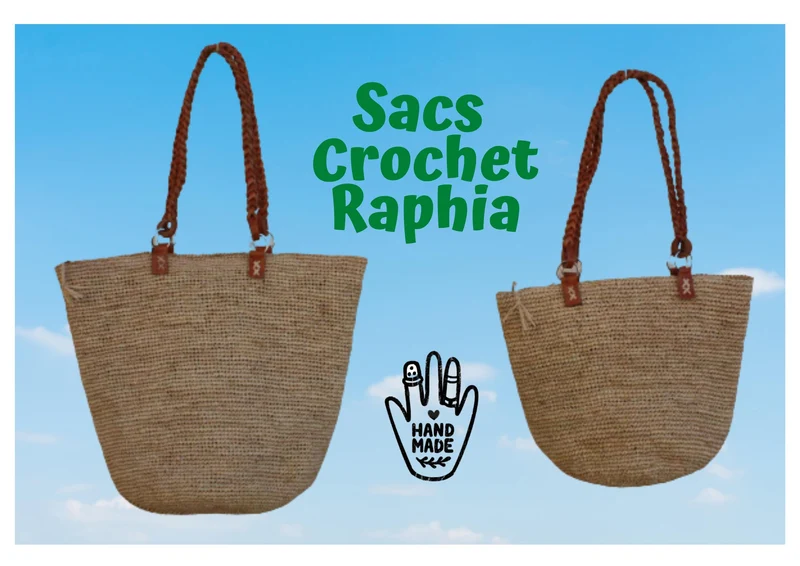 SAC CROCHET RAPHIA - Anses Tressées Cuir - Tressage serré & Pochette zippé - Entièrement Fait Main - Artisanat Madagascar -