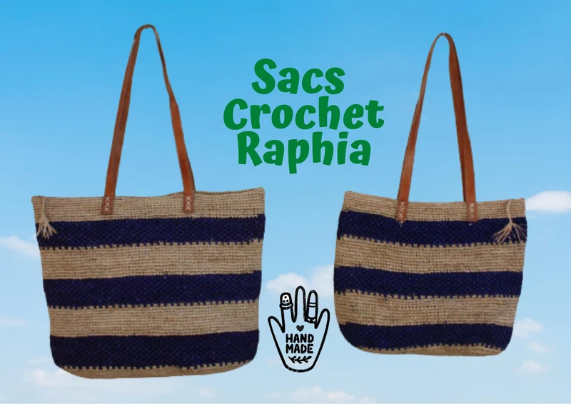 SAC CROCHET RAPHIA - Naturel & Bleu - Anses Longues - Tressé à la Main - Artisanat de Madagascar -