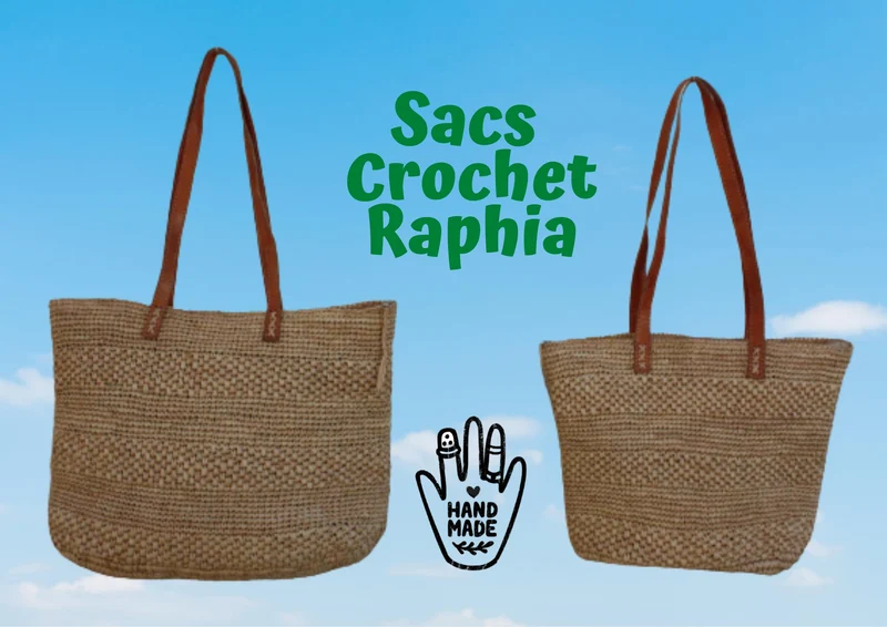 SAC CROCHET RAPHIA - Anses Longues - Double tressage & Pochette zippé - Entièrement Fait Main - Artisanat Madagascar -