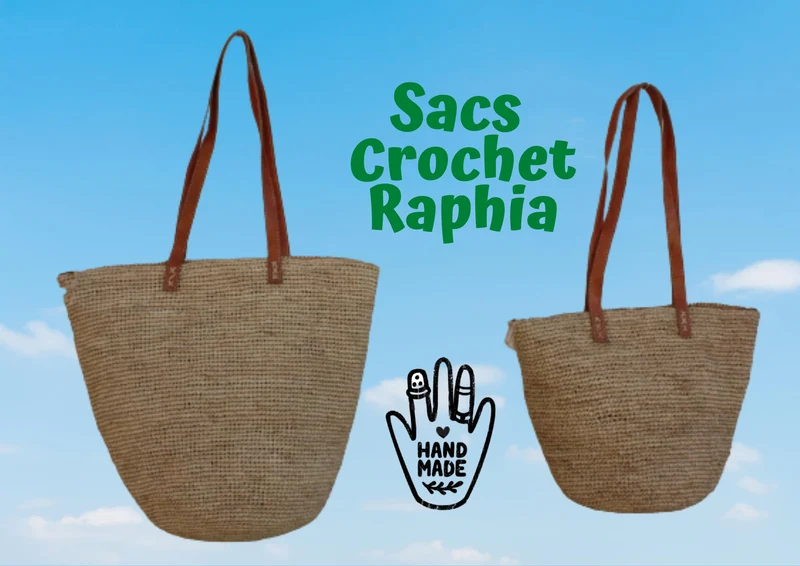 SAC CROCHET RAPHIA - Anses Longues Cuir - Fond rond & Poche intérieure - Entièrement Fait Main - Artisanat Madagascar -