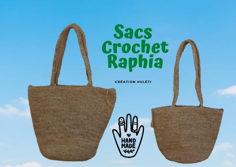 SAC CROCHET RAPHIA - Anses Longues Raphia - Intérieur Doublé avec Poche - Entièrement Fait Main - Artisanat Madagascar -
