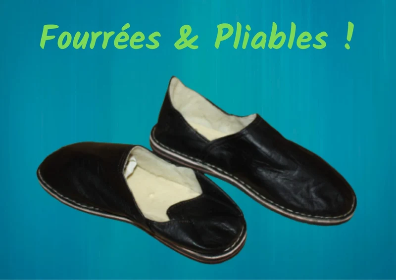 BABOUCHES NOIRES en Cuir - CHAUSSONS Confort - 100% Artisanal - Homme / Femme - Du 38 au 45 -