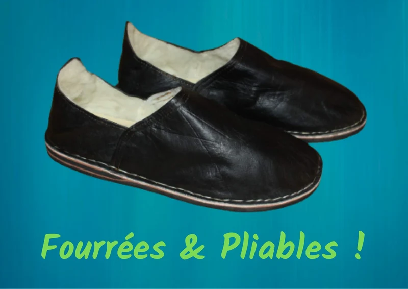 BABOUCHES NOIRES FOURRÉES - Polaire & Cuir - Chaleur et Confort - 100% Artisanal - Homme / Femme - Du 38 au 45 -