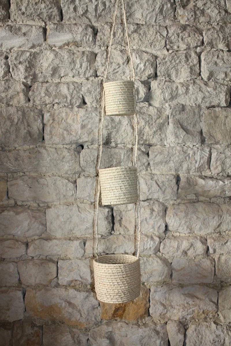 3 Paniers suspendus CROCHET RAPHIA - Naturel & Coloré - Porte épices, plantes, rangement ...