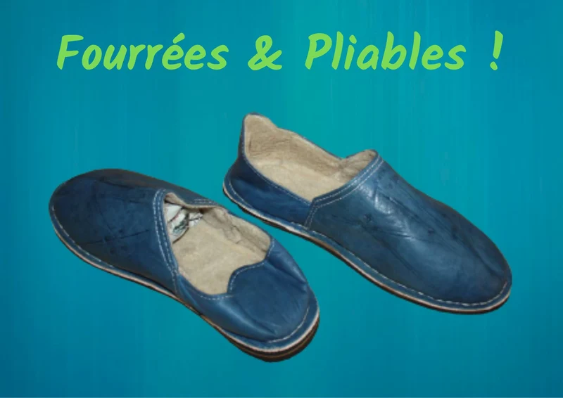 BABOUCHES BLEU FOURRÉES - Polaire & Cuir - Chaleur et Confort - 100% Artisanal - Homme / Femme - Du 38 au 45 -