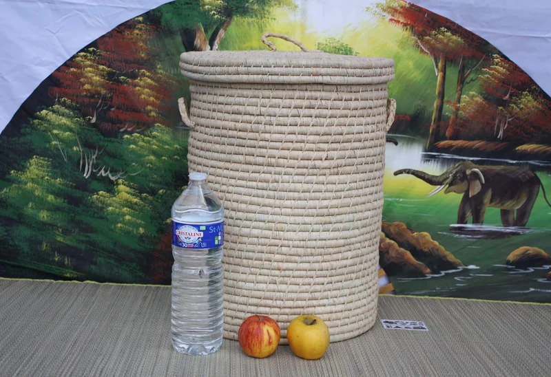 GRAND Panier à linge XXL Rond - Tessé Main en Raphia - 2 TAILLES au choix - Corbeille avec couvercle - osier paille rotin -