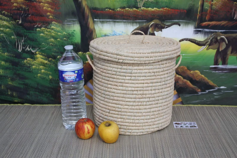 Panier à linge Rond - TRESSÉ MAIN en RAPHIA - Corbeille avec couvercle - osier paille rotin -