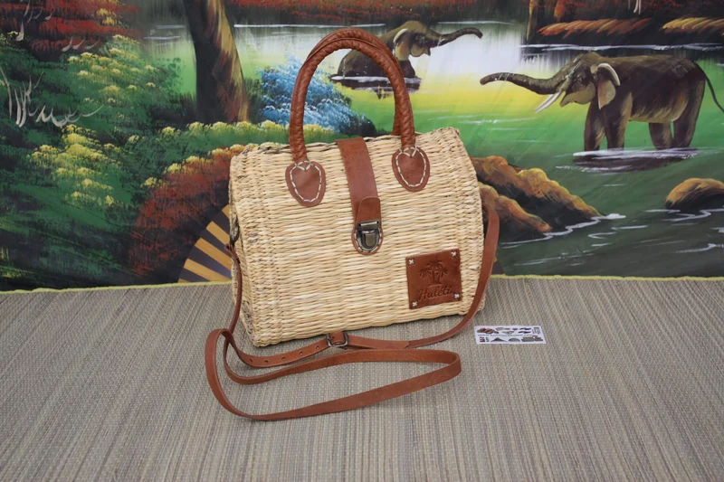 Panier Sac à Main Bandoulière - FERMETURE VALISE - Fibre Naturelle + Cuir - Huléti -