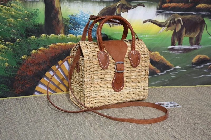 Panier Sac à Main Bandoulière - FERMETURE BOUCLE - Naturel & Cuir - Huléti -