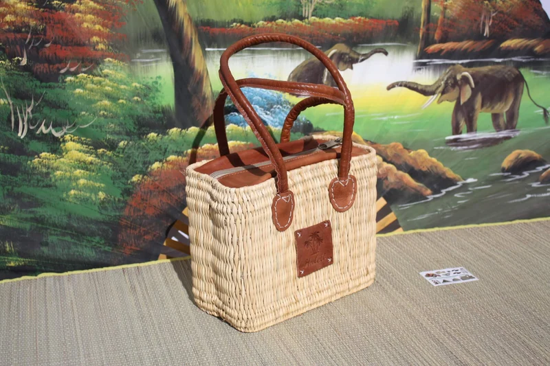 Panier Sac à Main en Jonc - FERMETURE ZIP ÉCLAIR - Naturel & Cuir - Anses Longues