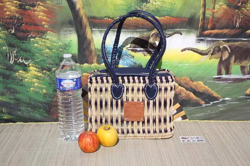 Panier Sac à Main en Jonc - FERMETURE ZIP ÉCLAIR - Bleu & Naturel - Anses Longues - 2 Tailles au Choix !