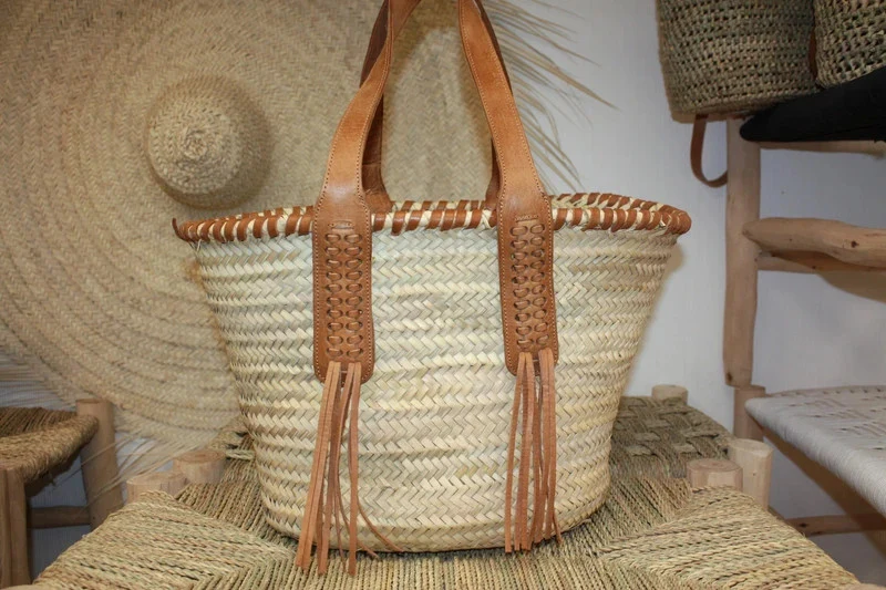 MAGNIFIQUE Sac Anses Longues Cuir Tressé - Cabas panier marchés course plage naturel