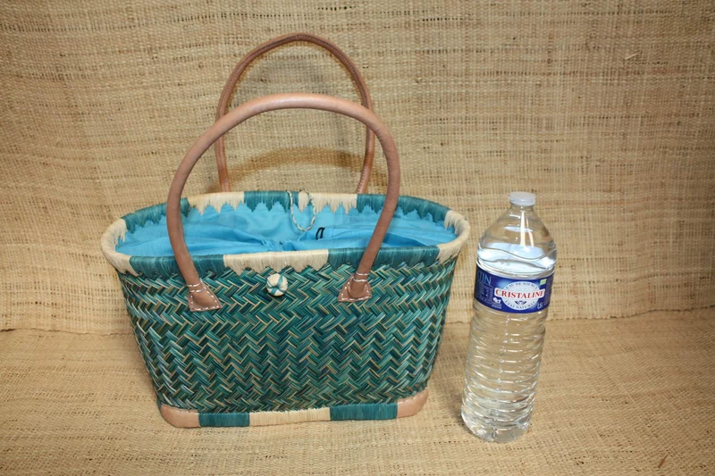 Panier BLEU TURQUOISE - Cabas osier marché Sac paille plage Panier rotin courses - Tissu pochon avec lacet de serrage - 3 TAILLES -